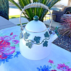 Via Ancona English Garden Enamel 10" Whistling Tea Kettle Green Ivy White New